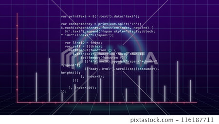 Image of statistical data processing over glowing power button icon against purple background 116187711