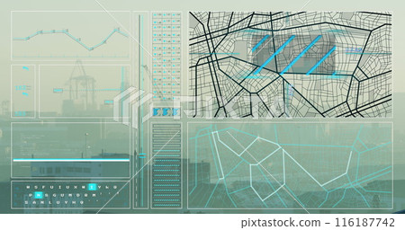 Image of interface with data processing against aerial view of cityscape 116187742