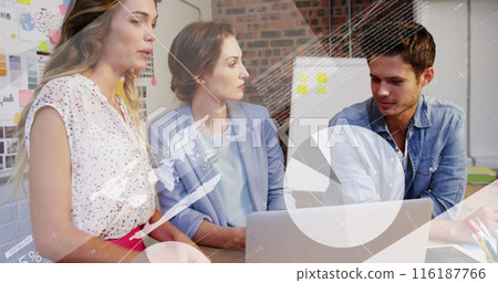Image of statistical data processing over diverse colleagues discussing over a laptop at office 116187766