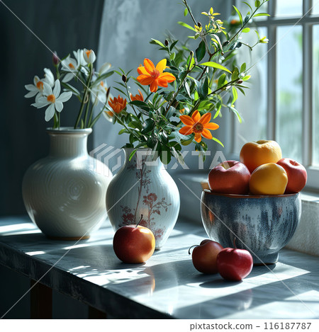 Rustic apples in sunlight on a wooden windowsill with aged walls, apples fruit food concept Rustic apples in sunlight on a wooden windowsill with aged walls, apples fruit food concept 116187787