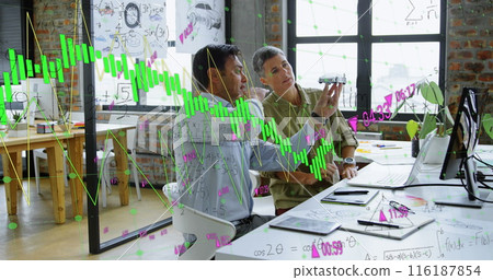Image of financial data processing over diverse business people working in office 116187854