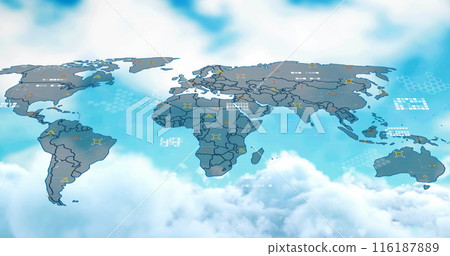 Image of data processing over world map against clouds in the blue sky 116187889