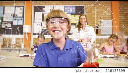 Image of scientific data processing over caucasian boy in laboratory Image of scientific data processing over caucasian boy in laboratory 116187899