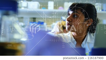 Image of scientific data processing over biracial female scientist Image of scientific data processing over biracial female scientist 116187900