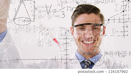 Image of scientific data processing over caucasian male scientist Image of scientific data processing over caucasian male scientist 116187902