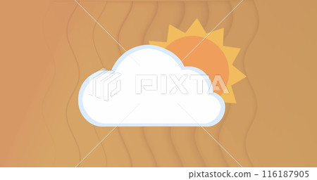Image of cloud with sun icons and shapes over orange background 116187905