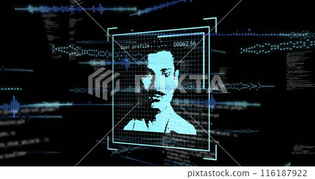 Image of data processing and people icons on black background 116187922
