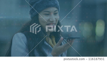 Image of data processing over happy asian businesswoman using smartphone Image of data processing over happy asian businesswoman using smartphone 116187931