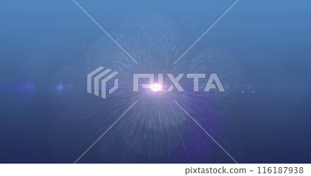 Bright light in center emitting colorful rays against blue background 116187938