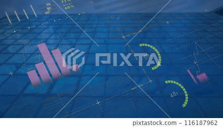 Image of multicolored infographic interface over low angle view of glass building Image of multicolored infographic interface over low angle view of glass building 116187962