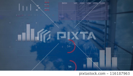 Image of multicolored infographic interface over low angle view of building against cloudy sky 116187963