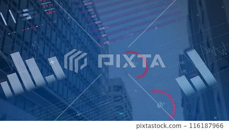 Image of multicolored infographic interface over low angle view of buildings against clear sky Image of multicolored infographic interface over low angle view of buildings against clear sky 116187966