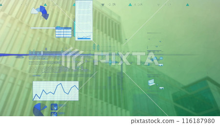 Image of infographic interface over low angle view of buildings against clear sky 116187980