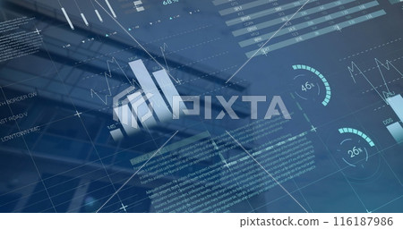 Image of infographic interface over low angle view of building against cloudy sky 116187986