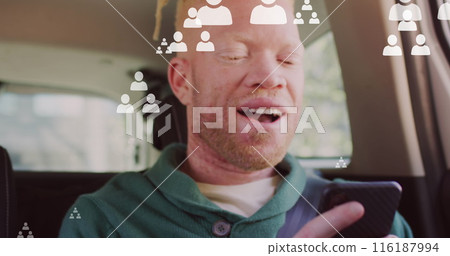 Image of people icons and data processing over african american albino man using smartphone Image of people icons and data processing over african american albino man using smartphone 116187994