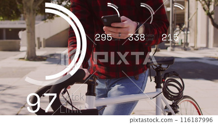 Image of numbers and data processing over caucasian man using smartphone Image of numbers and data processing over caucasian man using smartphone 116187996