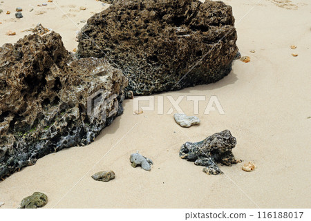 海灘上的岩石被風化，上面有個洞 116188017