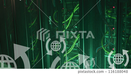 Image of globe with arrows icons over server room 116188048