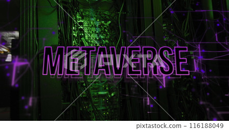 Image of metaverse text and network of connections over server room 116188049