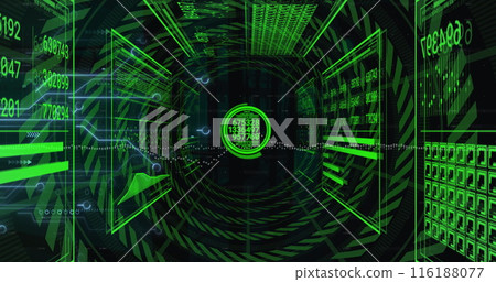 Image of interface with data processing against tunnel in seamless pattern on black background 116188077