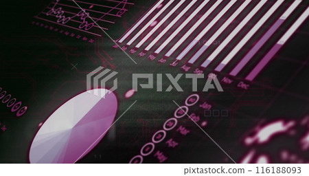 Image of computer language over graphs, globe and numbers against black background 116188093