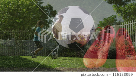 Image of african american brothers playing football over sports shoe and football 116188099