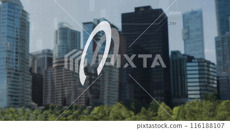 Image of data processing against view of tall buildings Image of data processing against view of tall buildings 116188107