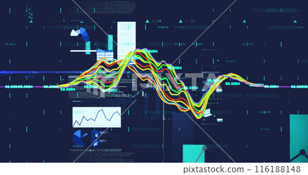 Image of screens with statistical data processing against blue background Image of screens with statistical data processing against blue background 116188148