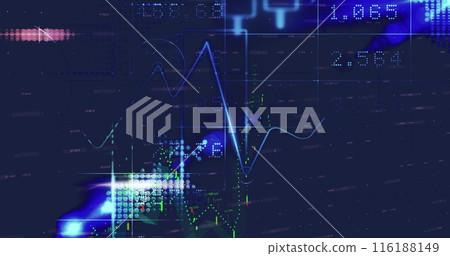 Image of graphs and financial data over world map and blue and black background 116188149