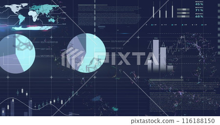 Image of statistical data processing and digital wave against blue background 116188150