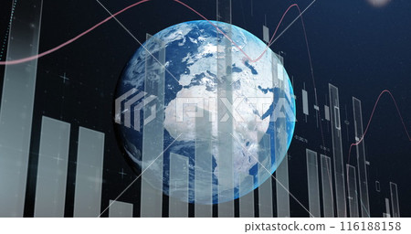 A digital representation of Earth with data charts and graphs overlaying globe A digital representation of Earth with data charts and graphs overlaying globe 116188158