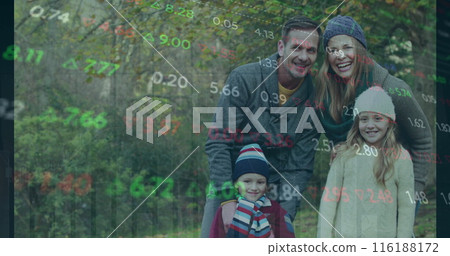 Caucasian family of four smiling outdoors, with stock market numbers overlaying image 116188172