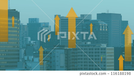 Image of multiple yellow arrow icons moving upwards against aerial view of cityscape 116188198
