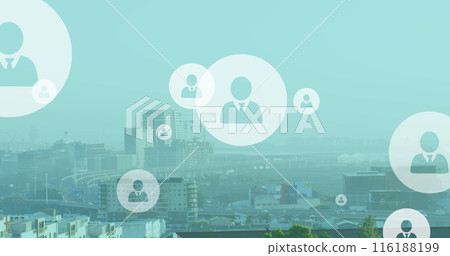 Image of multiple profile icons floating against aerial view of cityscape Image of multiple profile icons floating against aerial view of cityscape 116188199