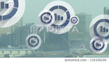 Image of multiple bar graph icons floating against aerial view of cityscape 116188200