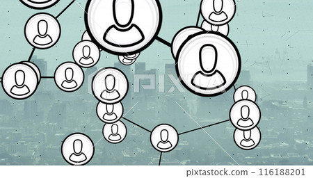 Image of network of profile icons against aerial view of cityscape Image of network of profile icons against aerial view of cityscape 116188201