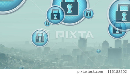Image of padlock icons over cityscape 116188202