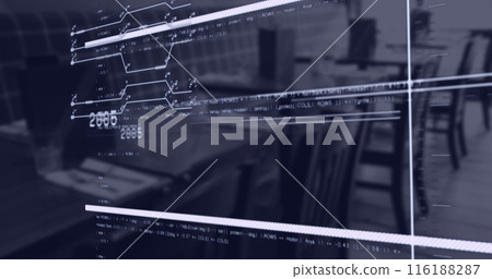 Image of changing numbers, circuit board patterns, computer language over empty office 116188287