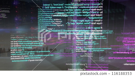 Image of cyber security data processing over computer server room against view of cityscape 116188353