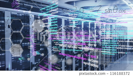 Image of medical data processing and mathematical equations against computer server room Image of medical data processing and mathematical equations against computer server room 116188372