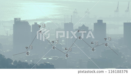 Image of graph with changing numbers and viewfinders over modern cityscape against cloudy sky Image of graph with changing numbers and viewfinders over modern cityscape against cloudy sky 116188376