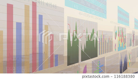 Colorful graphs and charts displaying on multiple screens 116188380
