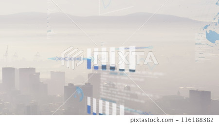 Image of graphs, globes, soundwaves over fog covered cityscape against mountain and sky 116188382