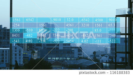 Image of data processing against aerial view of cityscape 116188383