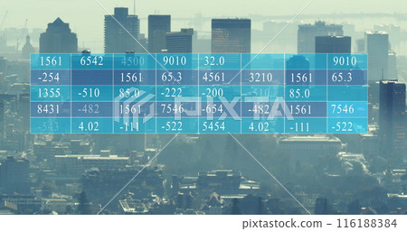 Image of data processing against aerial view of cityscape Image of data processing against aerial view of cityscape 116188384