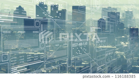 Image of interface with data processing against aerial view of cityscape 116188385