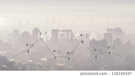 Image of graph with changing numbers and viewfinders over modern cityscape against cloudy sky Image of graph with changing numbers and viewfinders over modern cityscape against cloudy sky 116188387