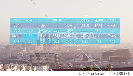 Image of numbers in table over modern cityscape against sky Image of numbers in table over modern cityscape against sky 116188388