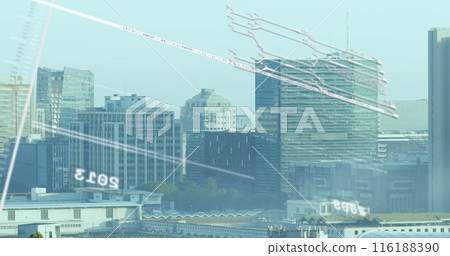 Image of interface with data processing against aerial view of cityscape 116188390