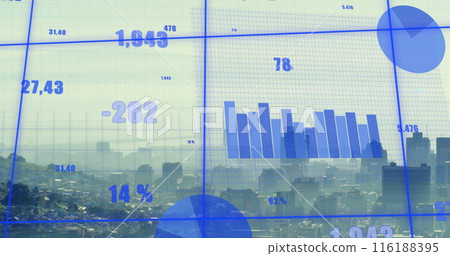 Image of multiple graphs and changing numbers over modern city against mountain and sky 116188395